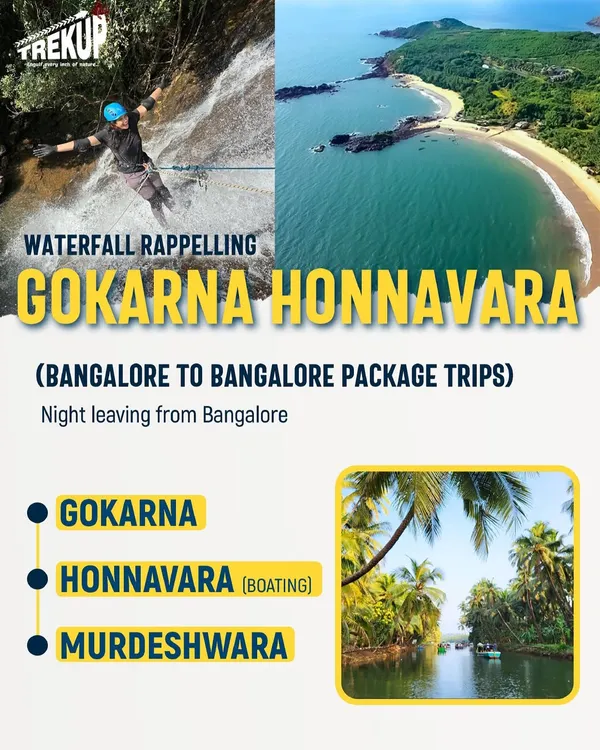My Gokarna and Honnavara package combines waterfall rappelling with serene backwater boating, all in one weekend trip from Bangalore.