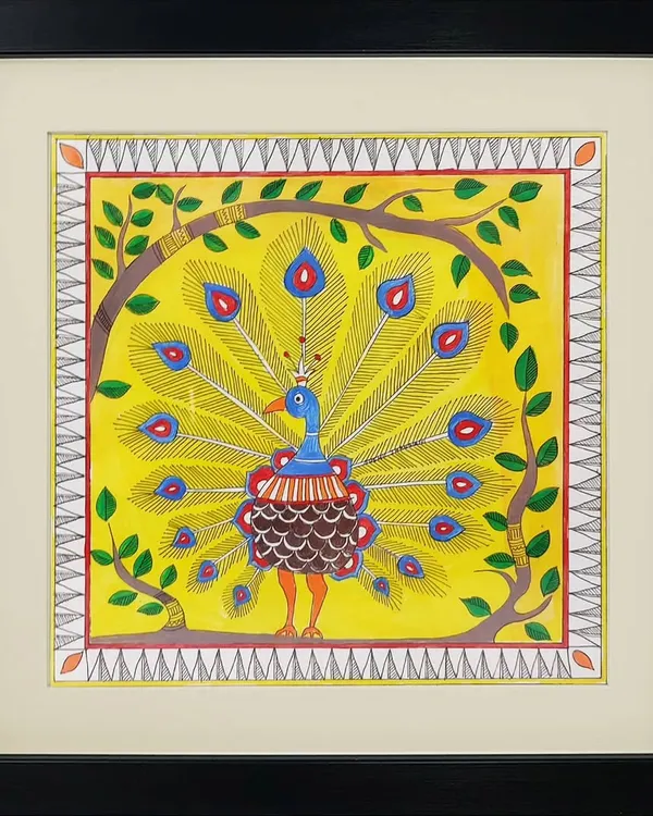 A classic Madhubani painting by Neha Kumari featuring a peacock with its feathers on full display. The artwork is filled with the fine lines, bright colors, and natural motifs that are hallmarks of this beautiful folk art style.
