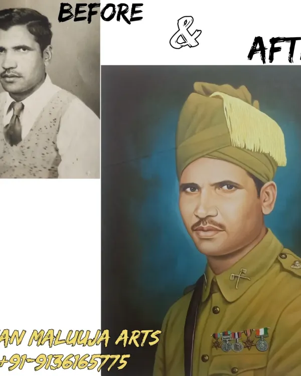 This is the magic of memorial art. On the left is the old, black-and-white photo provided by the client. On the right is the final painting, where I transformed his grandfather, a soldier from the British era, into a full-color, dignified portrait.