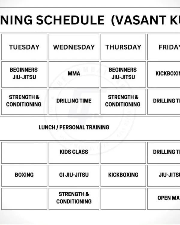 The full training schedule for our Vasant Kunj location. We have classes running all day, including kids' classes, strength and conditioning, and drilling time to fit your routine.