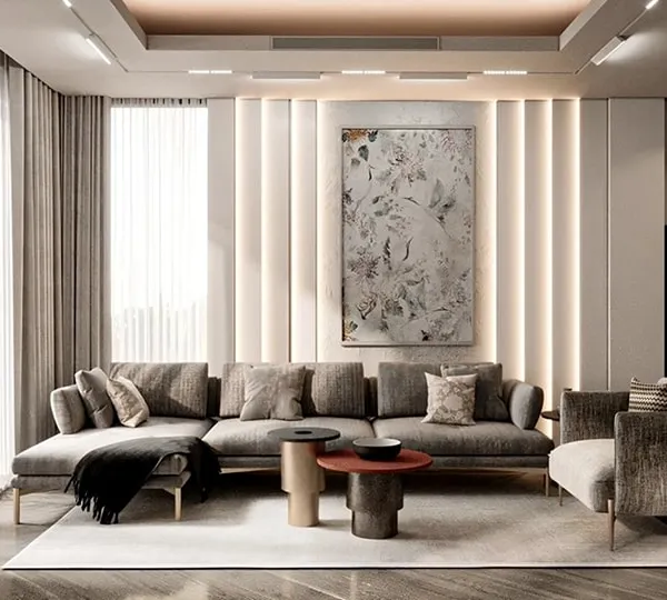 A duplicate of our sophisticated living room render. This image shows the harmonious blend of a large sectional sofa, textured accent wall, and recessed ceiling lights.