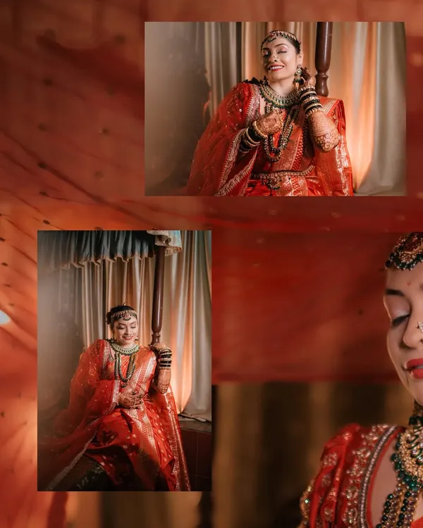 A collage of the bride in her stunning red wedding saree, capturing her laughter and serene moments before the ceremony.