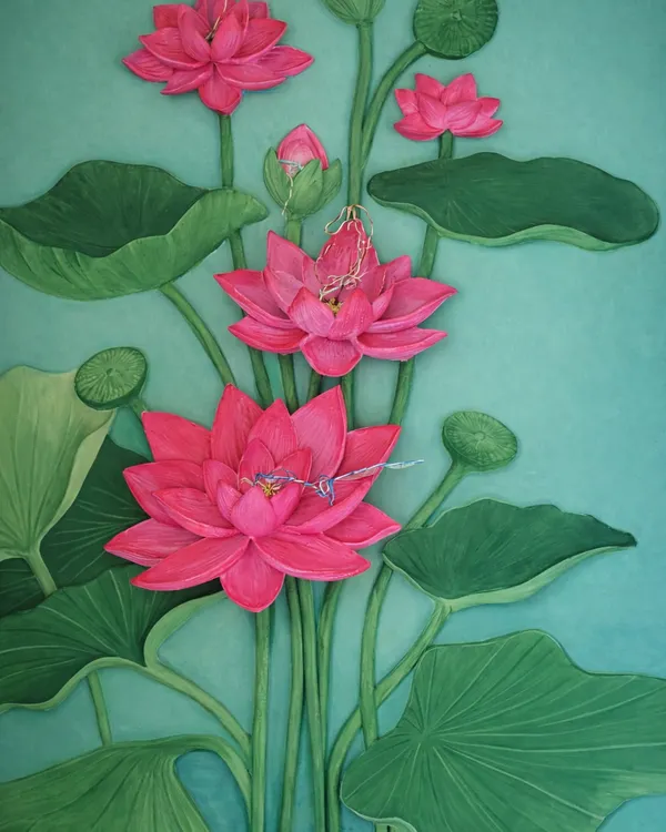 The completed Lotus mural, designed for a sacred setting. The final piece includes sculpted dragonflies and varying depths in the petals and leaves to create a dynamic yet peaceful composition that interacts with the light in the room.