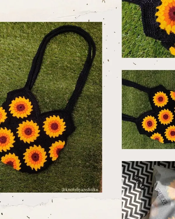 My sunflower tote bag, made from dozens of individual granny squares stitched together. It's a statement piece that's both beautiful and functional.