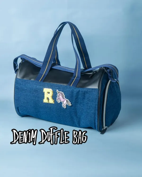 Our personalised denim duffle bag is perfect for your child's next adventure. We customised this one with a sparkly initial and a magical unicorn patch.