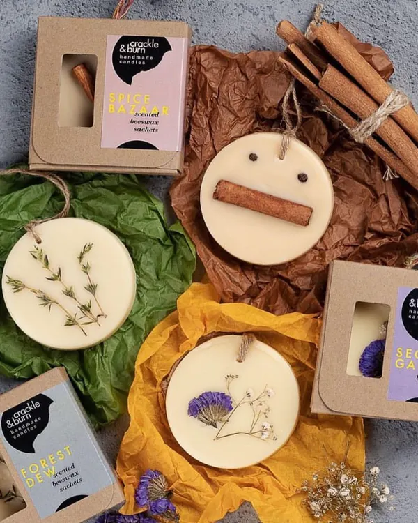 My beeswax sachet hamper is a wonderful gift. This image shows the variety of scents and botanicals I use, from Forest Dew with thyme to Secret Garden with purple flowers.