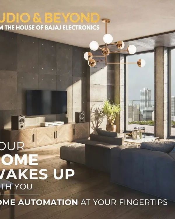 I can program your home to wake up with you. This graphic visualizes a morning routine where lights gently brighten, shades rise, and your favorite music begins to play, all automated to start your day perfectly.