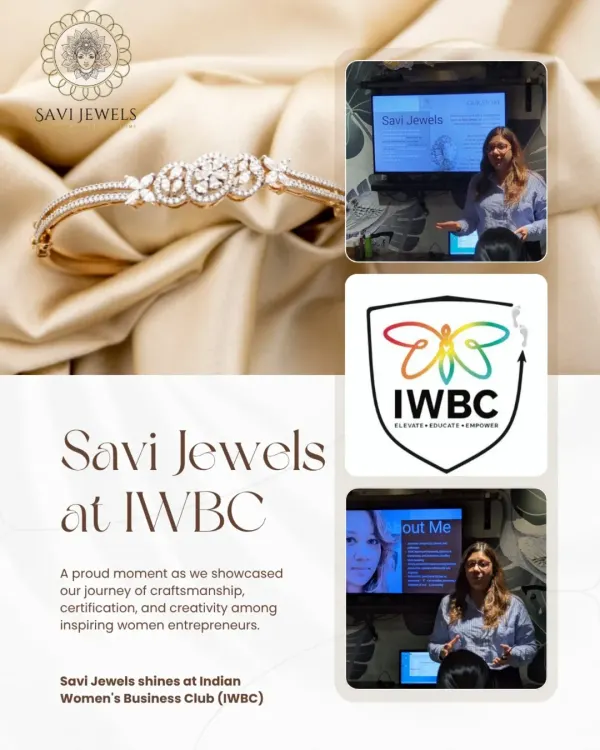 It was a proud moment for me to present Savi Jewels at the Indian Women's Business Club (IWBC). This collage shows me sharing my journey, our brand's commitment to craftsmanship, and the importance of certification with a community of inspiring women entrepreneurs.