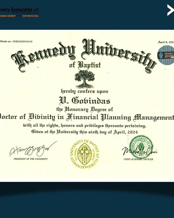 This certificate marks a significant milestone in my professional journey. Being awarded an Honorary Doctorate in Financial Planning Management from Kennedy University is an honor I share with all my clients and mentors who have supported me.