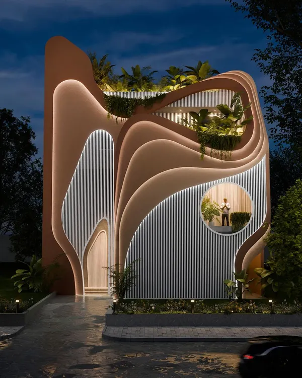 This is our "Water & Wind" residence, where the facade flows like a living sculpture. At night, integrated lighting highlights the structure's organic curves and shifting forms, creating a dramatic interplay of light and shadow that is both shelter and art.