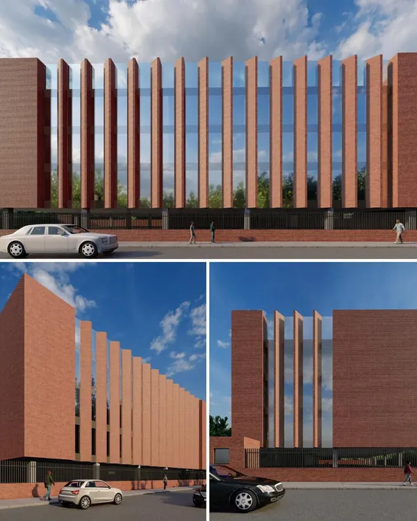 Renderings for a low-rise office building in Noida, designed with solar passive architecture. The angled vertical fins are precisely oriented to block harsh sunlight while allowing ambient light, reducing the need for artificial cooling and lighting.