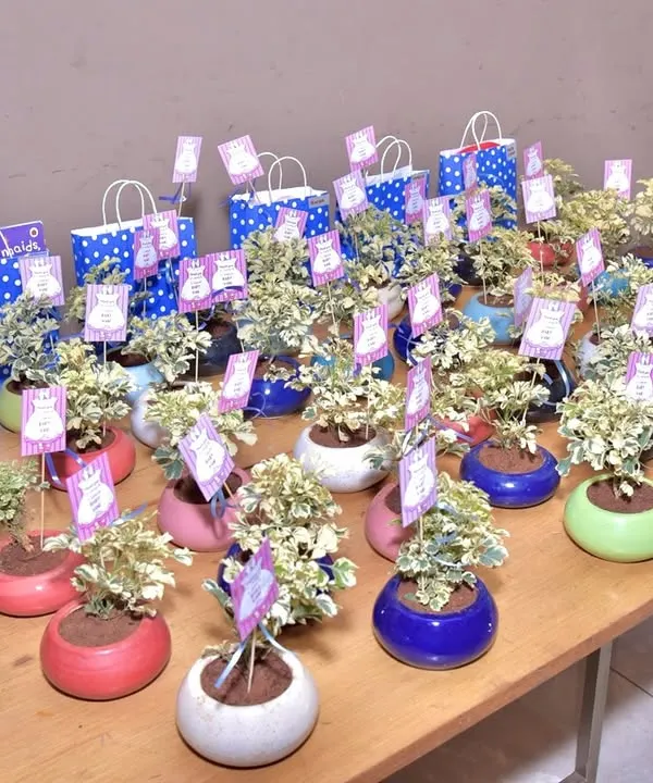 Thoughtful return gifts for the guests. We arranged these small potted plants with custom tags to match the 'Star & Moon' theme of the event.