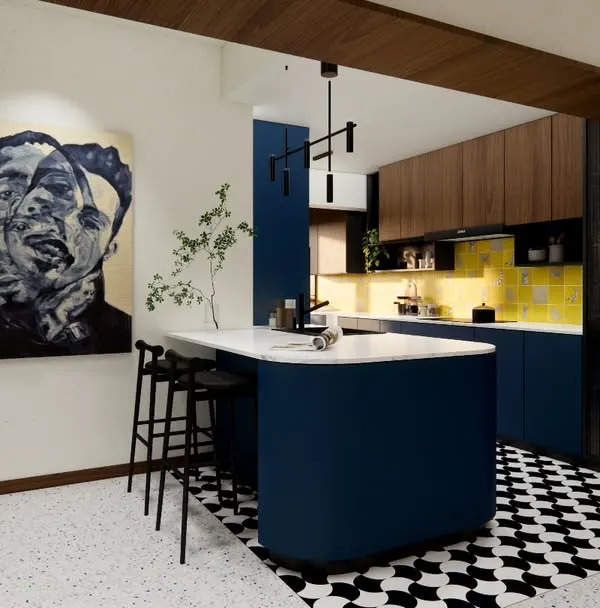 The kitchen in HAUS 5, a duplex in Bengaluru, is a play of contrasts. A bold blue island, cheerful yellow backsplash, and graphic checkerboard flooring come together to create a space that is both functional and full of character.
