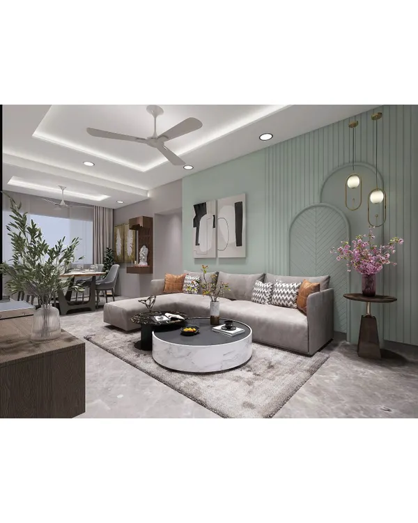 This living room design showcases a blend of modern comfort and subtle elegance. We used a soothing pastel green accent wall with decorative arches and contemporary furniture to create a space that is both stylish and welcoming for the family.