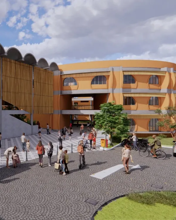 These renderings show the overall architectural vision for Urban Gurukul in Bangalore. The design uses organic forms and natural materials to create a K-12 school that feels rooted in its cultural heritage while providing modern, flexible learning spaces for students.