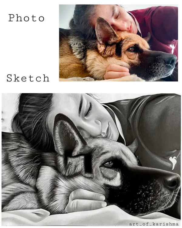 A side by side comparison of the original photo and my charcoal sketch. You can see how I translate the color photo into a classic, emotional black and white artwork, focusing on texture and expression.