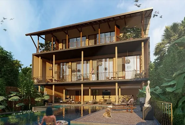 This render shows the Calangute Villa in Goa, a five-bedroom family home designed to embrace its location. The multi-level structure opens up to a pool and terraced edible gardens, with views of undisturbed paddy fields.