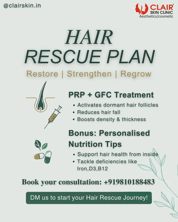 Our Hair Rescue Plan is a holistic approach. We combine advanced treatments like PRP and GFC with personalized nutrition tips to tackle deficiencies, restoring and strengthening your hair from the inside out.