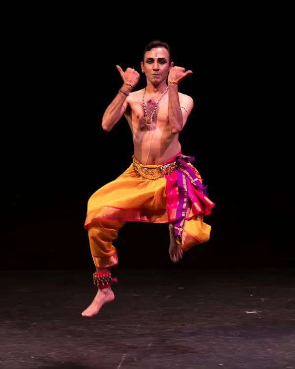 This is the essence of Bharatanatyam for me, a moment of complete surrender to the rhythm and story. This dynamic leap captures the energy I strive to bring to every solo performance, embodying the spirit of the character.