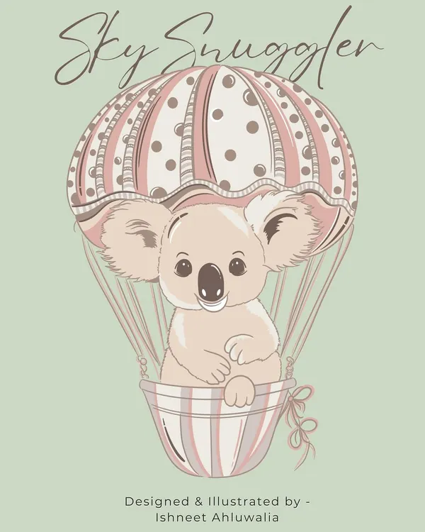The 'Sky Snuggler' print, designed for the little dreamers. This illustration of a cute koala in a hot air balloon is perfect for nursery wall art, baby announcements, or as a gentle pattern on blankets and bedding.