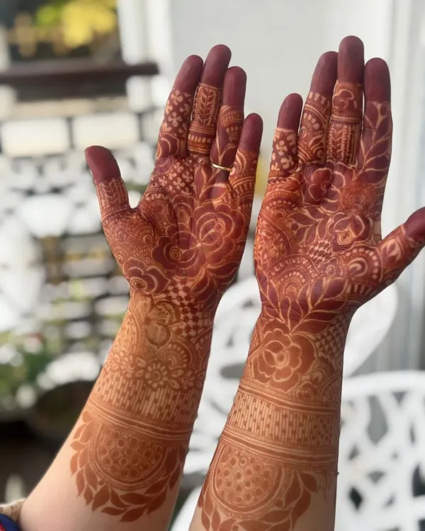 This is the beautiful, deep reddish-brown stain you can expect from my 100% organic mehendi paste. This photo is taken after the paste has been removed, showing the quality and richness of the natural ingredients.