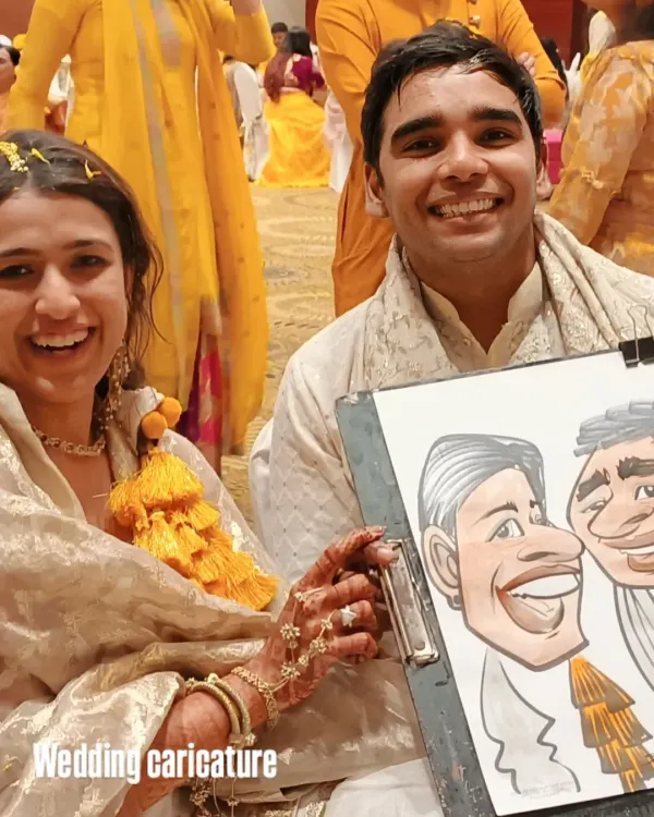 Capturing the joy of a happy couple during their Haldi ceremony. A live caricature is a fantastic and unique entertainment idea for wedding functions, giving guests a personal keepsake to remember the special day.