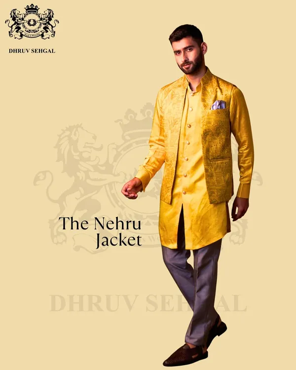 The Nehru jacket is a masterpiece of versatility. Here, it's layered over a matching yellow kurta, with intricate line-work detailing that tells a story of heritage and craftsmanship.