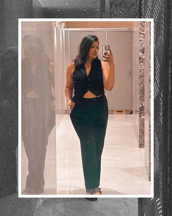 A powerful look for a powerful mood. I designed this all-black co-ord set, featuring a cropped waistcoat and tailored trousers, for a sharp, modern silhouette that is still comfortable. This is my take on contemporary formal wear.