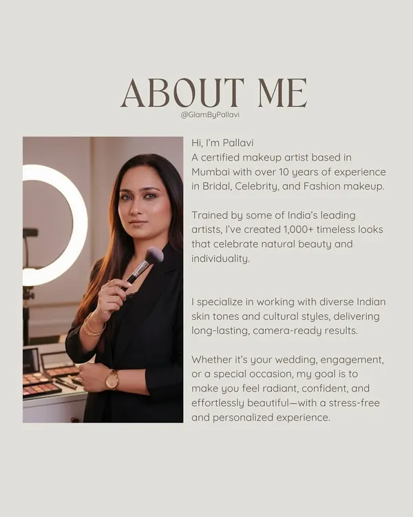 A little bit about me. With over 10 years of experience, my passion is creating timeless looks that celebrate your natural beauty and individuality. My goal is to make you feel radiant, confident, and effortlessly beautiful.