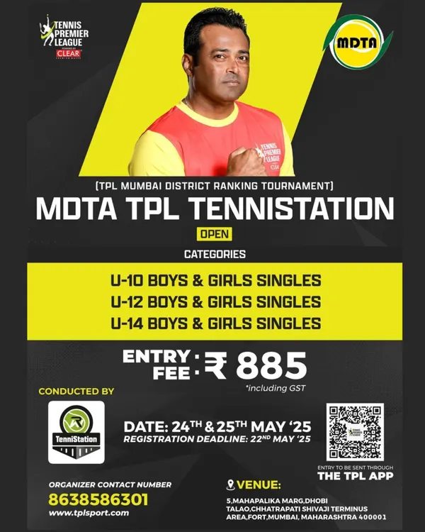 Our MDTA TPL TenniStation Open poster, detailing the categories for U-10, U-12, and U-14 boys and girls singles. These tournaments are key for earning district ranking points.