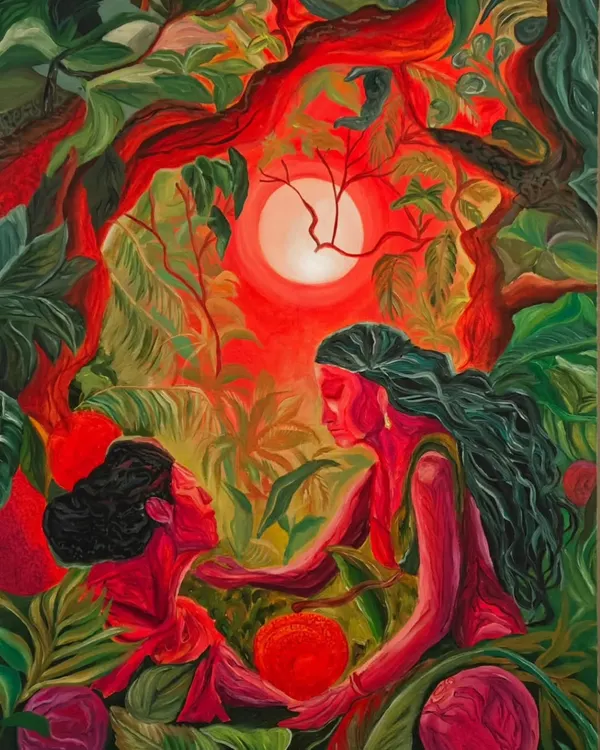 This acrylic on canvas piece, 'The promises of tomorrow', explores themes of strength and positive transformation between women. I love creating narrative art that uses symbolism, like the enlightened fruit, to illuminate a path towards a flourishing future.