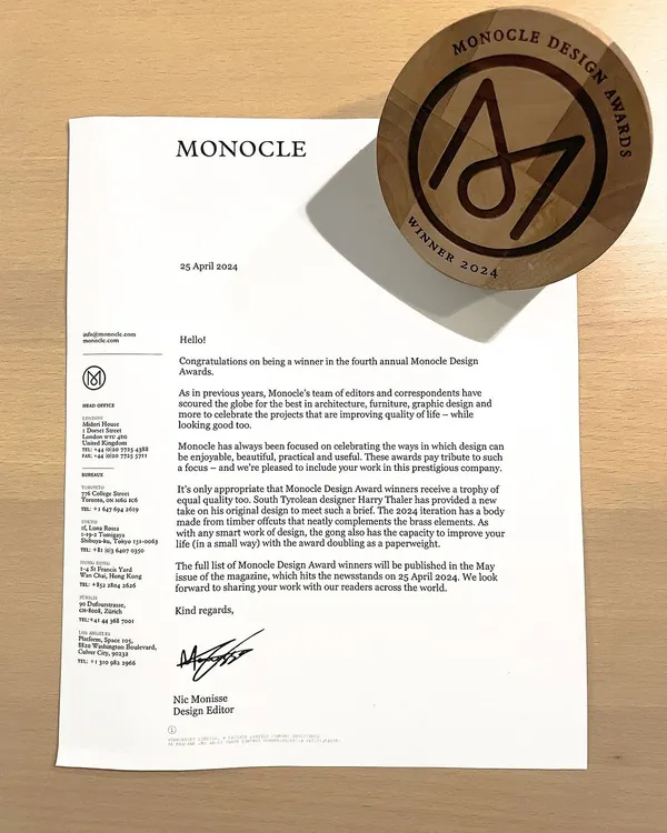 It was an honor to receive this notification from Monocle, recognizing one of my projects in their annual Design Awards. This acknowledgment for 'Best in Brick' is a humbling testament to my team's focus on material and craftsmanship.