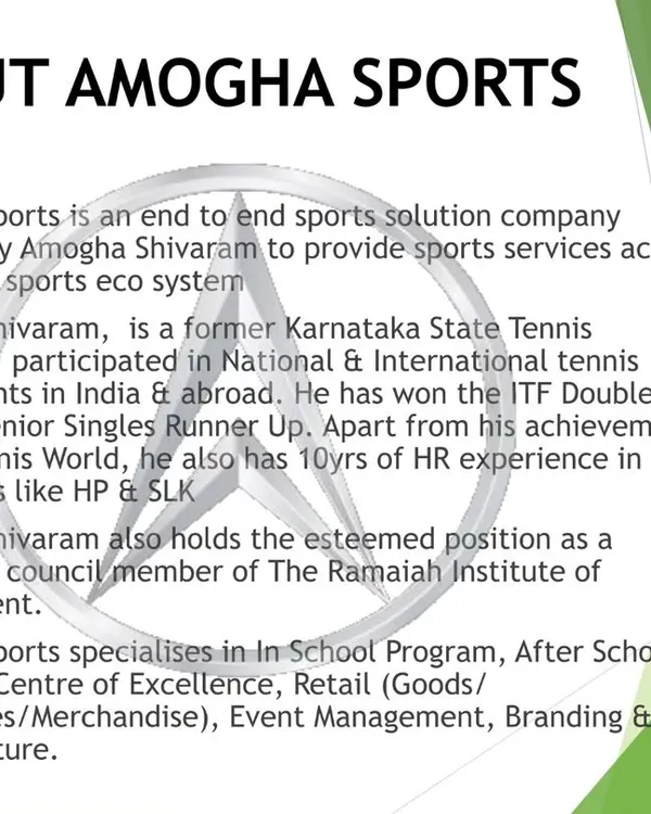 An overview of Amogha Sports, detailing our founder's background as a national and international tennis player and our company's specializations. Our foundation is built on real-world sports and corporate experience.