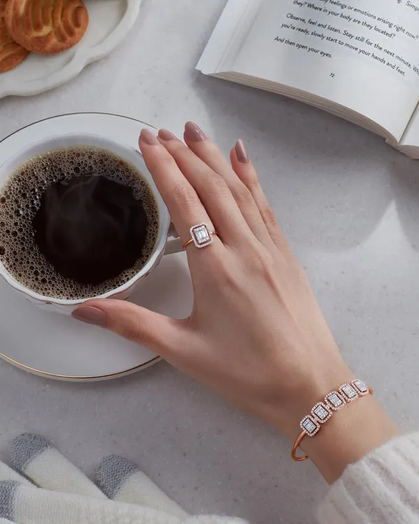 For this fine jewelry campaign, the goal was to create a cozy, aspirational moment. I used soft, natural lighting to highlight the sparkle of the diamond ring and bracelet, setting a scene that feels both luxurious and relatable.