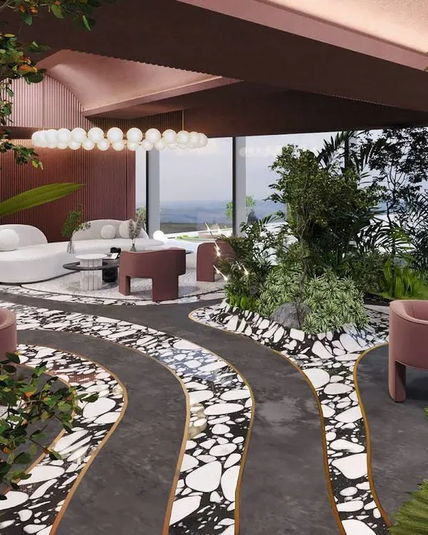 A render of our 'Spiced Martini' bar and lounge concept. Inspired by a flowing stream, the design uses layered terrazzo and lush green islands to create a sense of natural movement and magical realism within a luxury space.