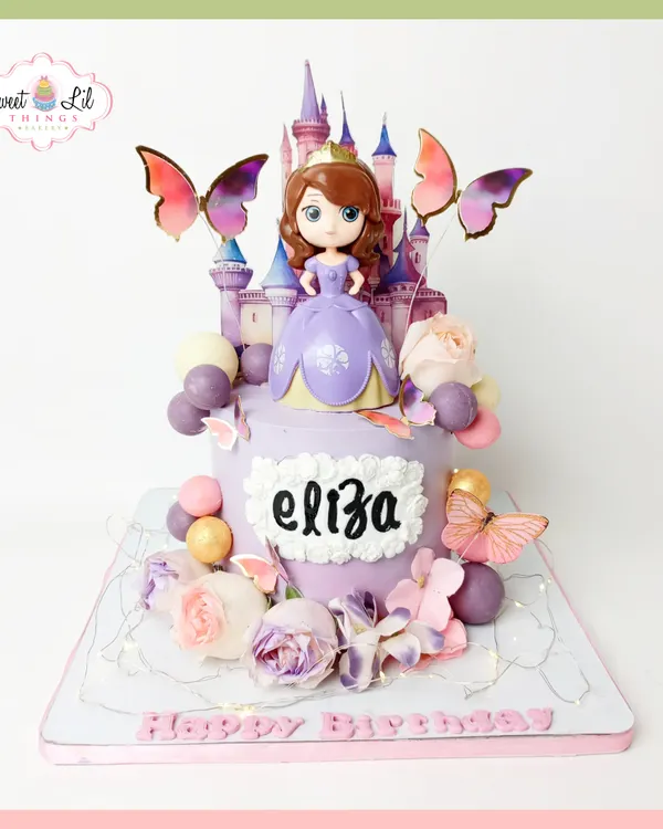 A beautiful cake for a fan of Sofia the First. This design features the princess standing before her castle, surrounded by butterflies, flowers, and soft purple and pink details for a truly royal celebration.