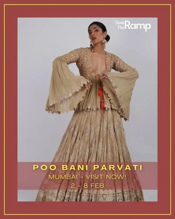 A glimpse from our "Poo Bani Parvati" showcase in Mumbai. This image features a stunning beige lehenga with a contemporary, bell-sleeved jacket blouse, inspired by the iconic movie character.