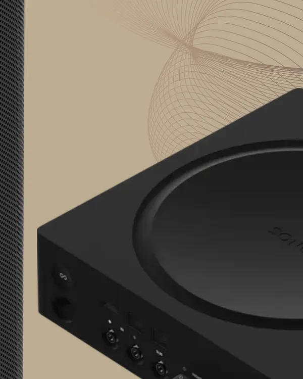 We create whole-home audio systems using premium Sonos components. The Sonos ecosystem, including speakers and amplifiers like the Sonos Port shown here, delivers rich, room-filling sound that can be controlled from a single app.