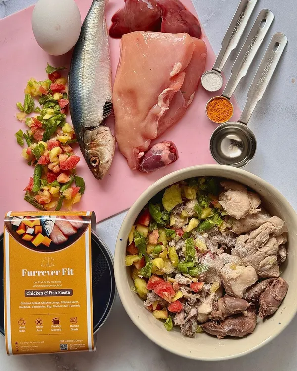 This is what goes into my Chicken & Fish Fiesta before it's cooked. You can see the fresh chicken breast, whole sardine, chopped vegetables, and a whole egg. I use real, unprocessed ingredients because that's what your pet deserves.