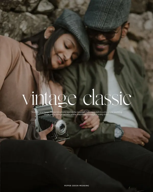 A vintage classic theme for Ananthu and Sarga's pre-wedding shoot. The old-world charm of the setting and their classic attire create a feeling of timeless romance.