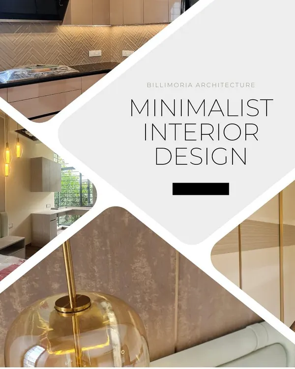 A collage representing our minimalist interior design approach, showing glimpses of a kitchen, bedroom, and lighting details from one of our projects.
