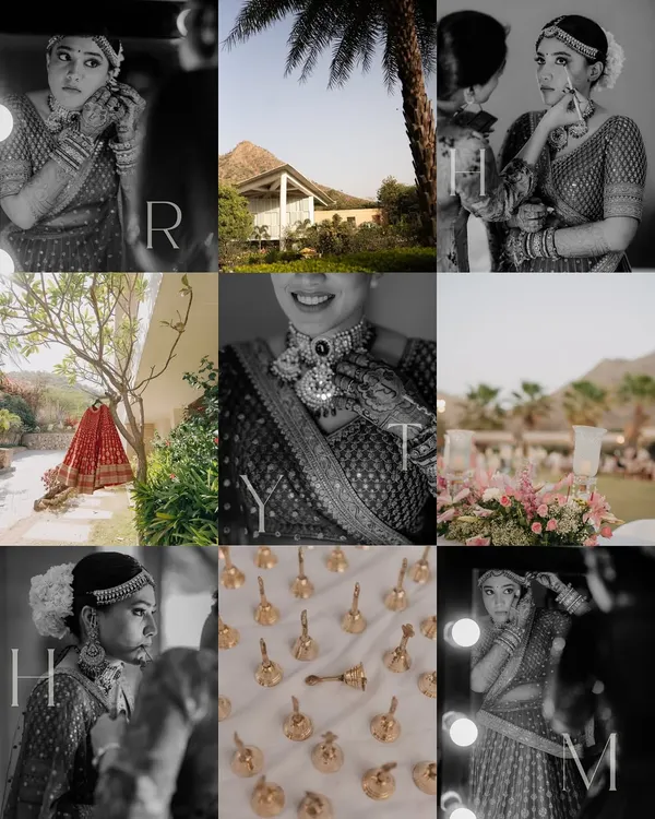 A mood board from Rhythm's wedding, showcasing the getting-ready details. From her jewelry and the intricate 'ghungroos' on her lehenga to the venue itself, this collage tells the story of her bridal preparation.