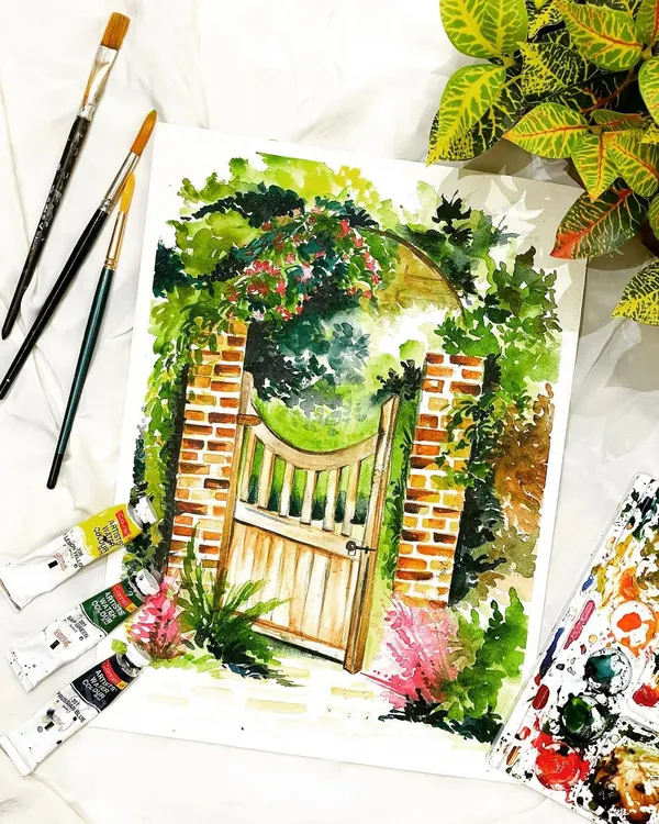 This beautiful garden gate painting is from one of our watercolor batches. Students learn techniques for painting natural elements like foliage, wood, and brick textures.