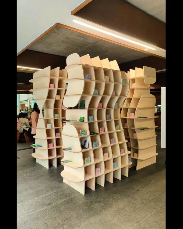 Our 'Stradata' installation is a physical representation of abstract ideas. This sculptural form, made of interlocking birch ply, was conceived through computational design to explore how architecture can be both an object and an immersive space.