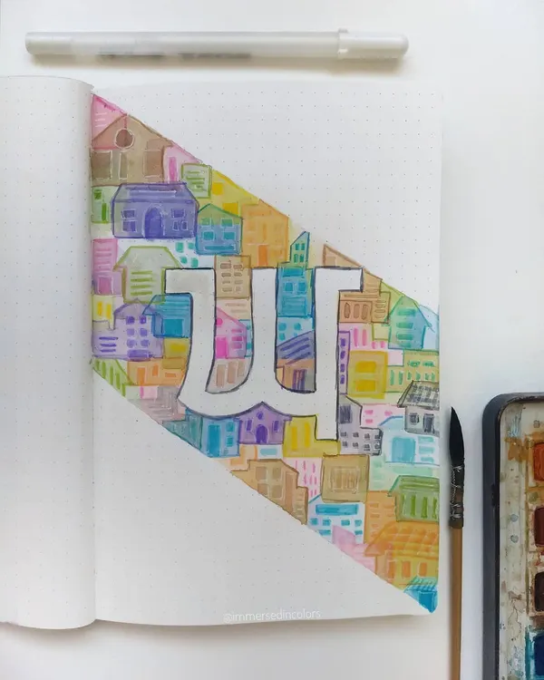 This piece features the Gurmukhi letter 'ਘ' (Gha) for 'ਘਰ' (Ghar), which means home. I created a cityscape with watercolors to represent the feeling of home I found during my travels in Assam.