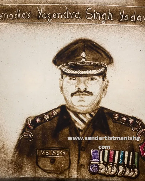 A sand art portrait of Grenadier Yogendra Singh Yadav, created for a short film about the Kargil War for the 18 Grenadiers. Capturing the likeness and spirit of our national heroes is a responsibility I hold very dear.