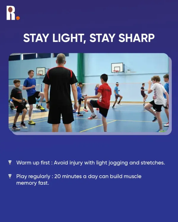 Never skip your warm-up. We guide our players through essential pre-game exercises like jogging, dynamic stretches, and side splits to prepare the body for intense play and prevent injuries.