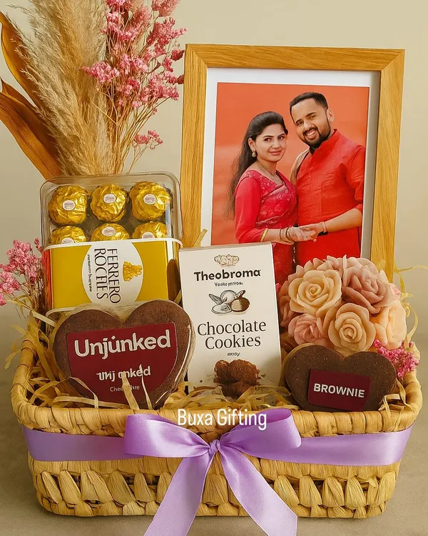 This is what happens when a client's dream meets my passion. A gentleman from the UK sent me an AI-generated image, and I brought his vision to life for his fiancée's birthday in Delhi. This beautiful jute grass basket includes a custom photo frame, Theobroma cookies, fudgy brownies, and a stunning dried flower bouquet, all tied together with a lovely lilac theme.