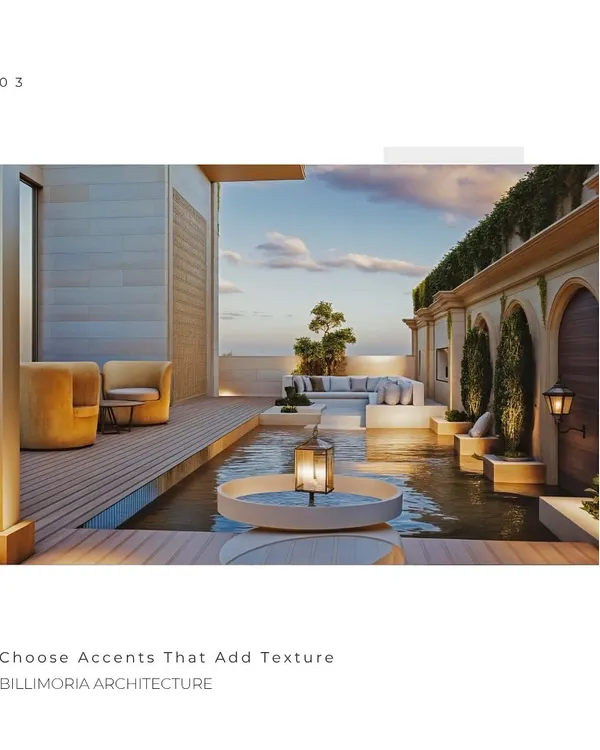 We designed this rooftop terrace as a tranquil escape from the city. The space features a serene water body, comfortable lounge seating, and integrated planters, seamlessly blending the indoors with the open sky for the ultimate relaxation experience.