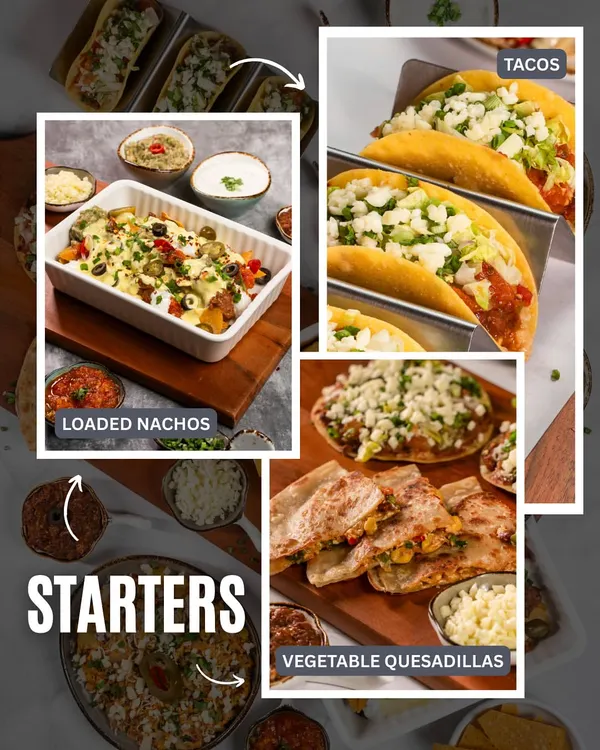 Let's start our Mexican fiesta with some loaded nachos, crunchy tacos, and cheesy vegetable quesadillas. These starters are perfect for sharing.